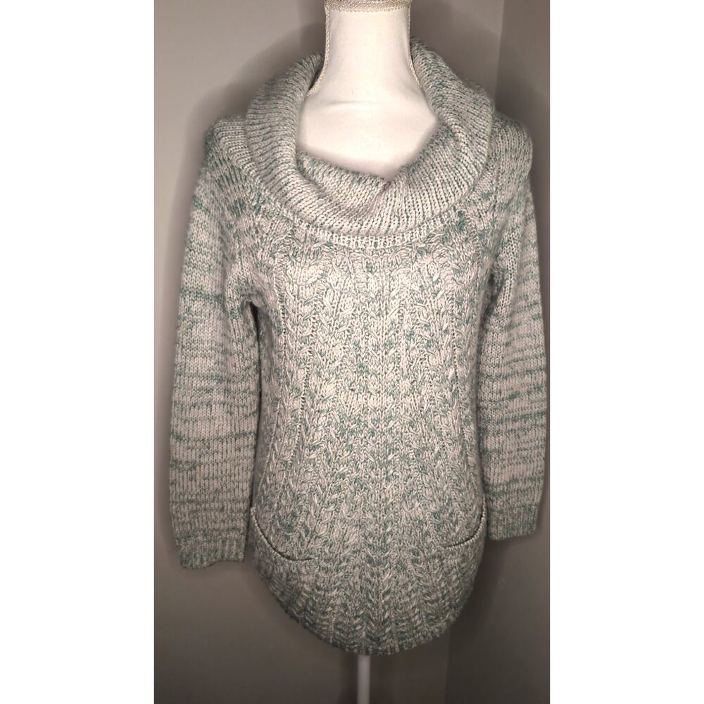 Anthro Guinevere Sweater SP Cowl Neck Green White Marbled Chunky Knit Cozy